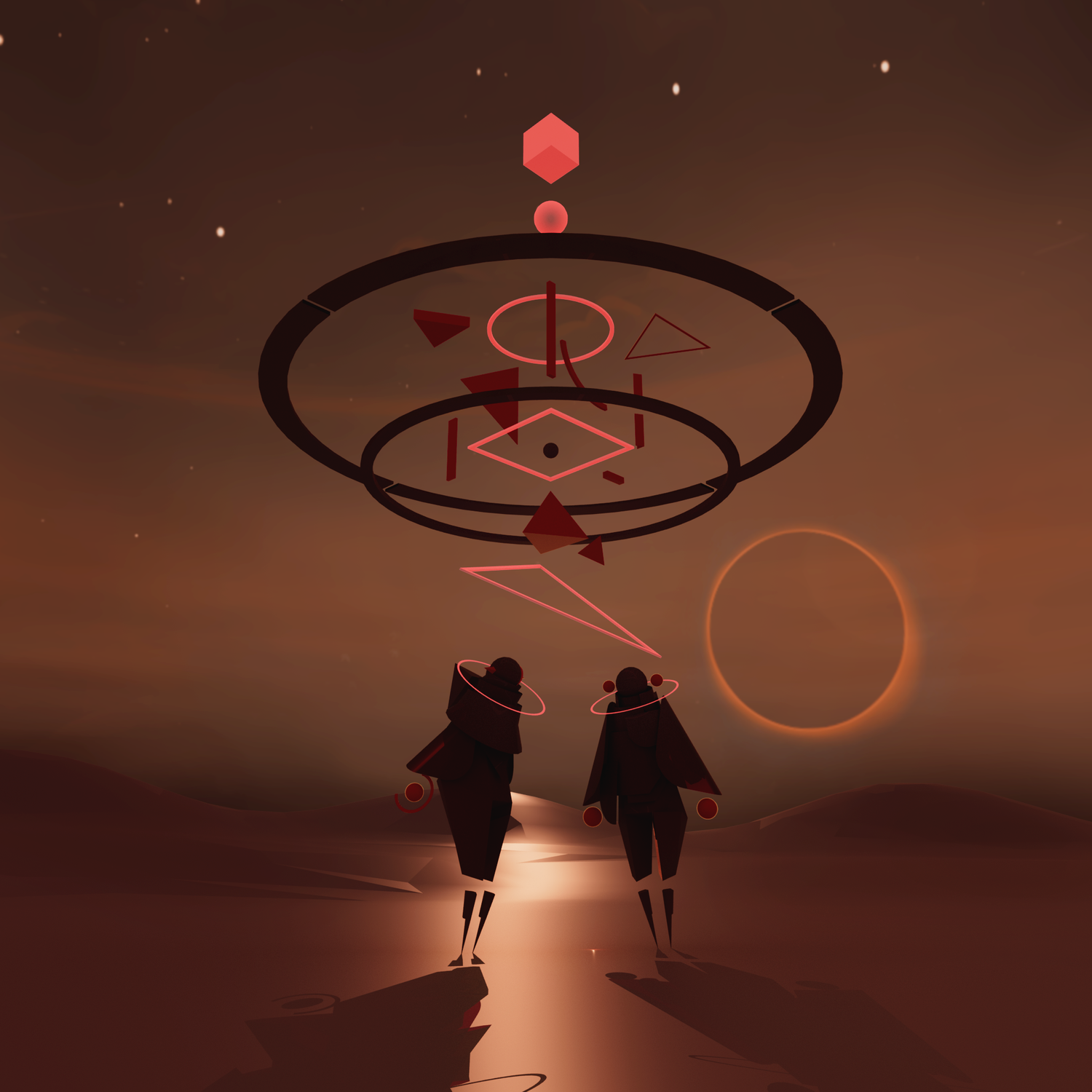 Two shadowy figures look out at a series of geometric shapes floating in the sky. It is dark and the environment is similar to a dessert.