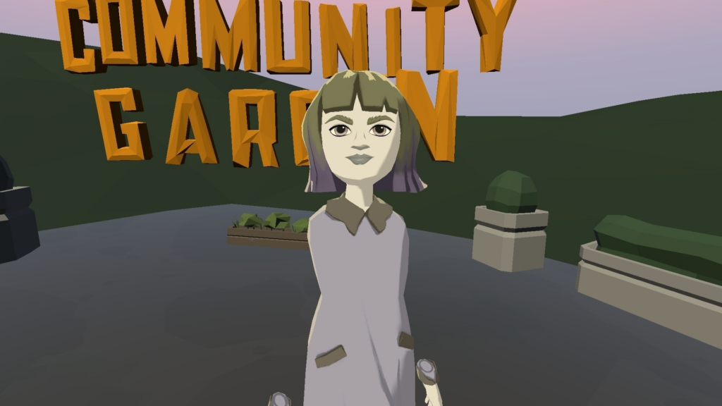 Selfie of an avatar in AltSpace in front of a sign that says "community garden." The avatar has pale olive skin and a short olive bob with bangs.