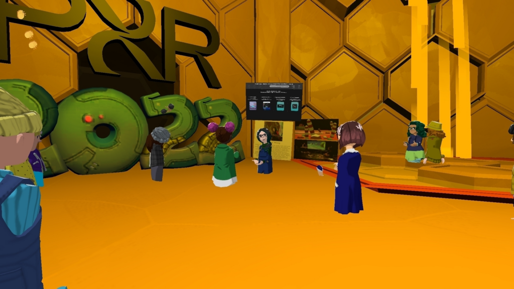 Fellows meet in Altspace in a beehive-themed world. One avatar is facing the camera and speaking in front of a set of images.