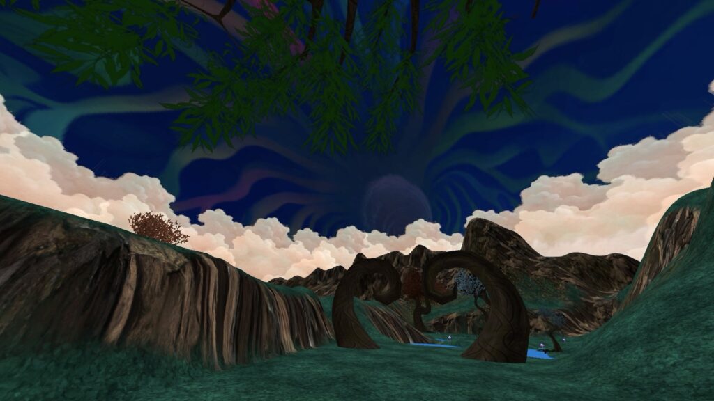 A landscape in Vrchat with a deep blue sky, green palm tree leaves, and mountains in the distance.