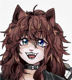 An artistic rendition of a catgirl with long brown wavy hair, tan fur, and a leather jacket. Smiling with big blue eyes.