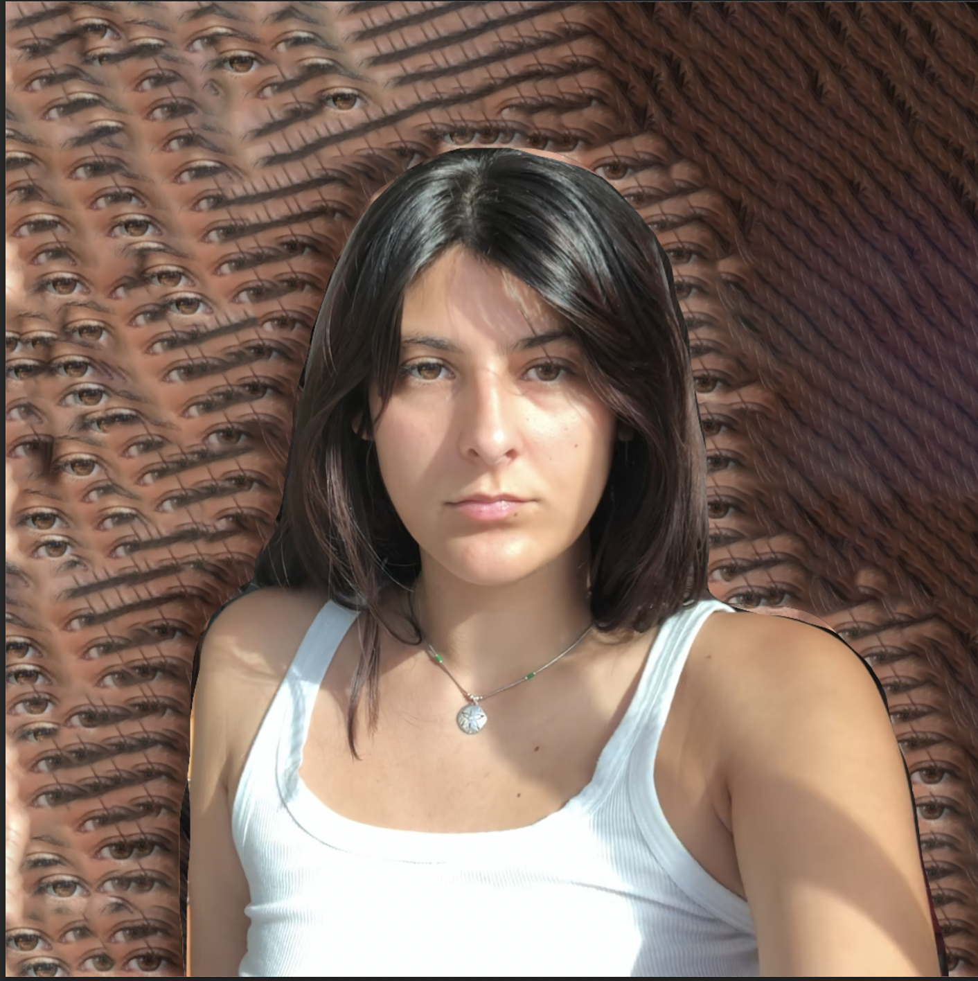 Kahani Ploessl, an Indian and German person with light olive skin, brown hair, and wearing a white tank top. The background is a photoshopped to be covered with Kahani's eyes.